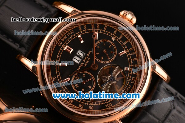 Patek Philippe Grand Complitcations Asia 2813 Automatic Rose Gold Case with Black Leather Strap Black Dial and Stick Markers - Click Image to Close